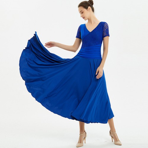 Women's girls ballroom dancing dresses short sleeves red blue colored waltz tango dance flamenco dress
